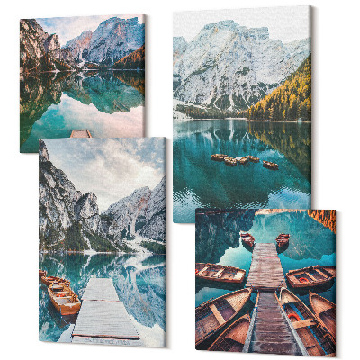 Sada obrazů na zeď kvadryptych Jezero s dřevěnými moly a horami