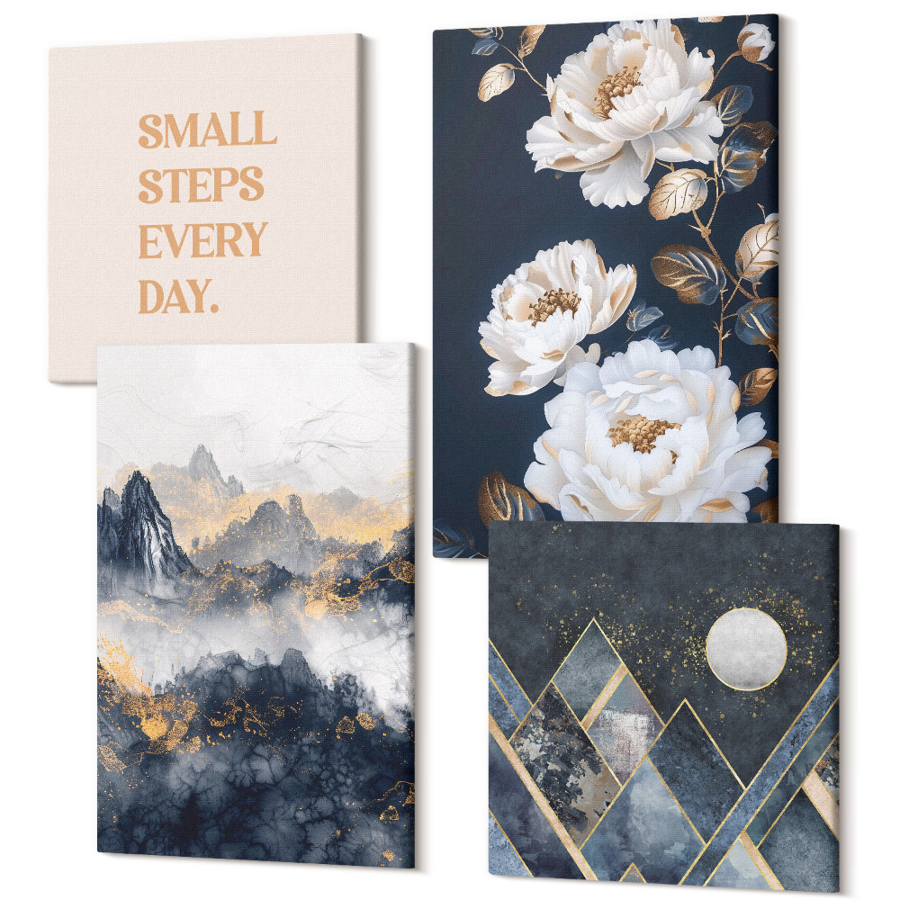 Sada obrazů kvadryptych Abstraktní hory květiny a inspirující nápisy