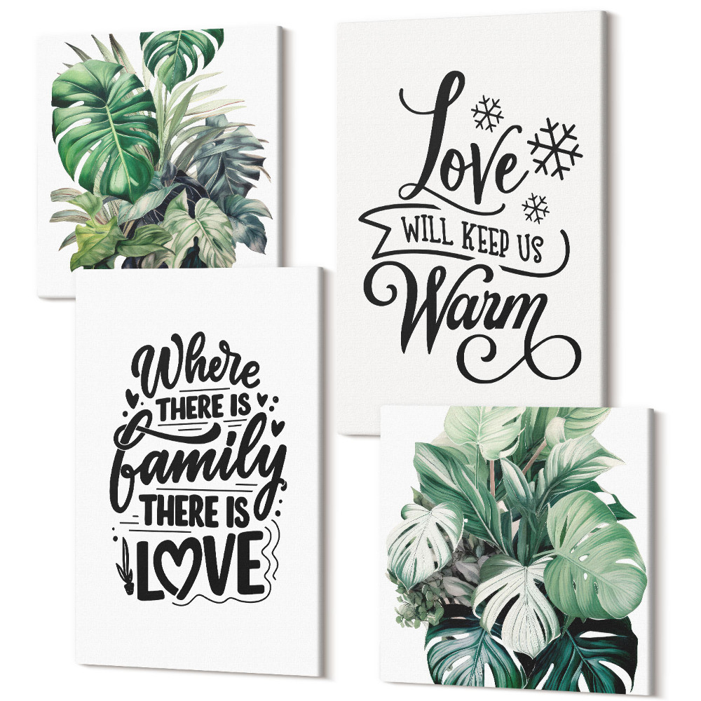 Sada obrazů na zeď kvadryptych Rodina, láska, domov, teplo, listy rostlin, akvarel