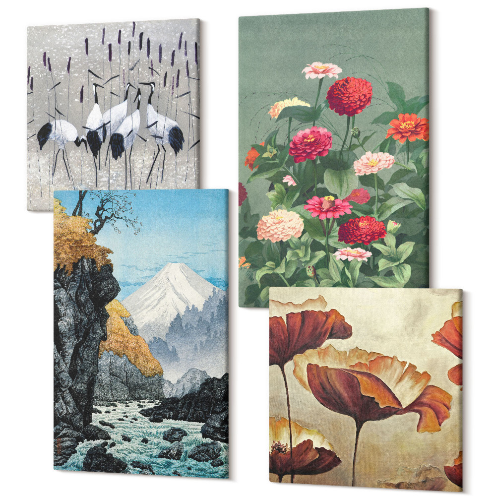 Sada obrazů kvadryptych Hory s vodopádem, ptáci v letu a barevné květiny