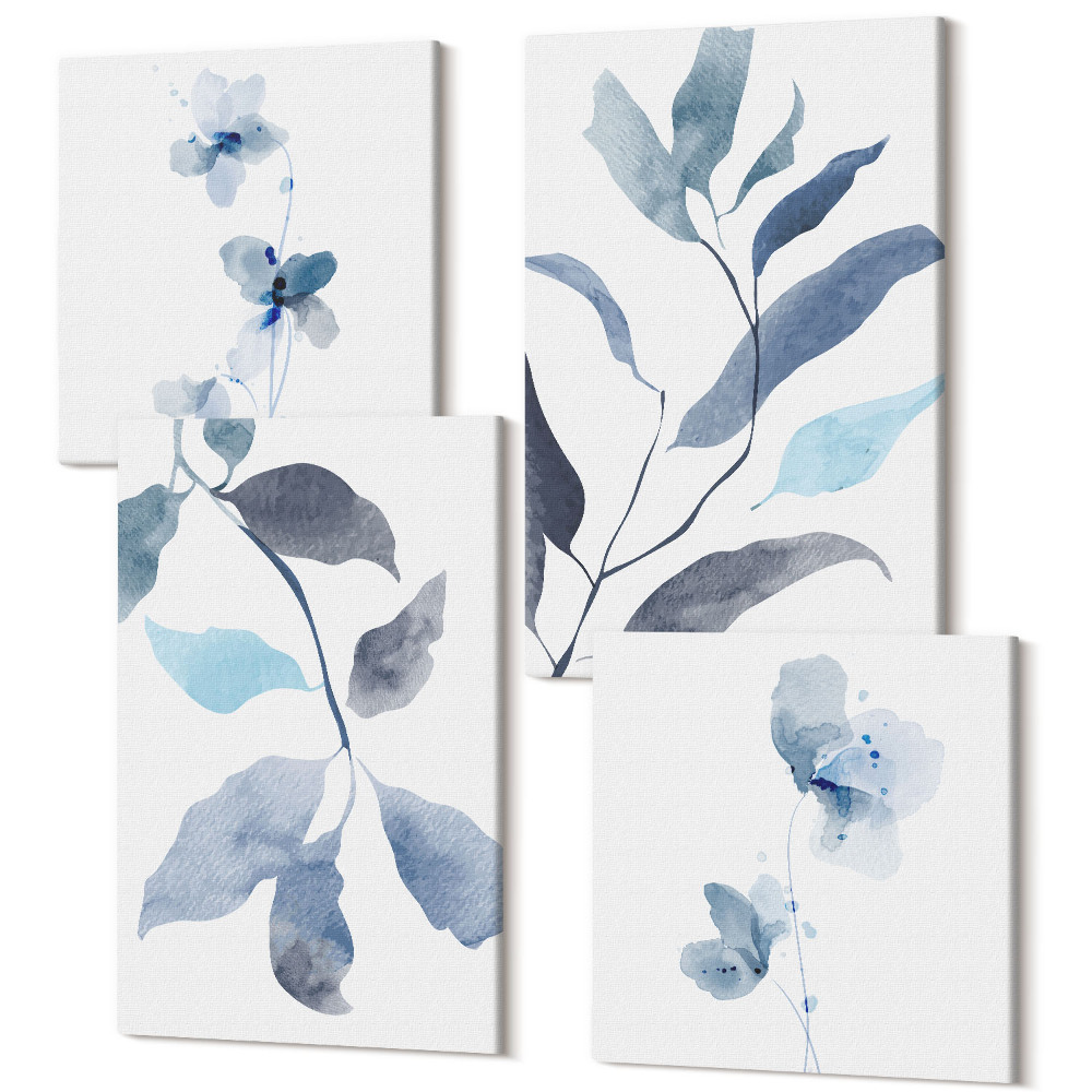 Sada obrazů kvadryptych Modré listy na světlém pozadí, akvarel styl