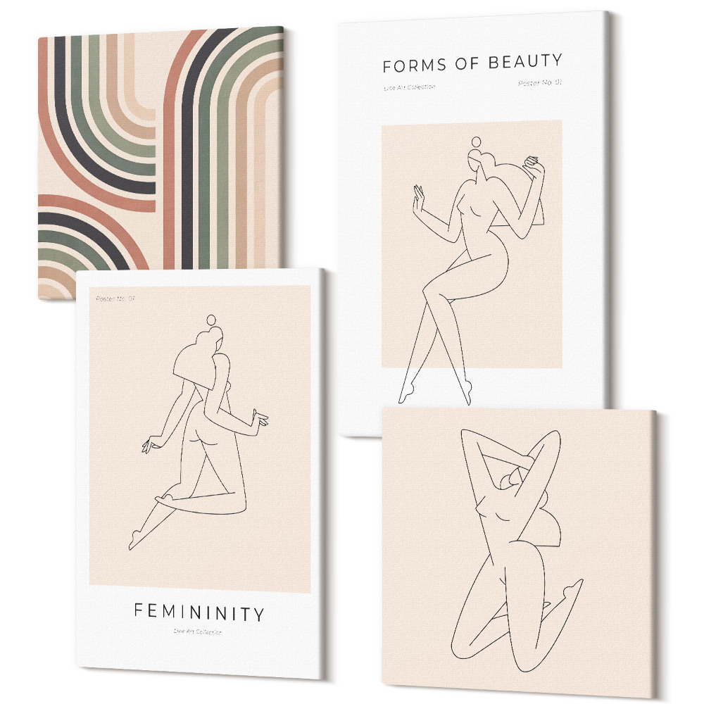 Sada obrazů kvadryptych Lineární siluety žen v minimalistických plakátech