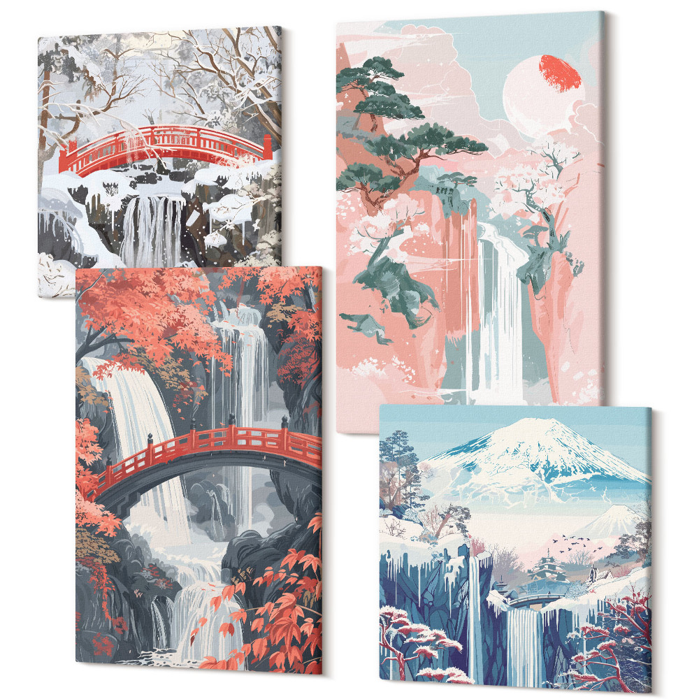 Sada obrazů kvadryptych Vodopády v různých ročních obdobích s mosty a stromy