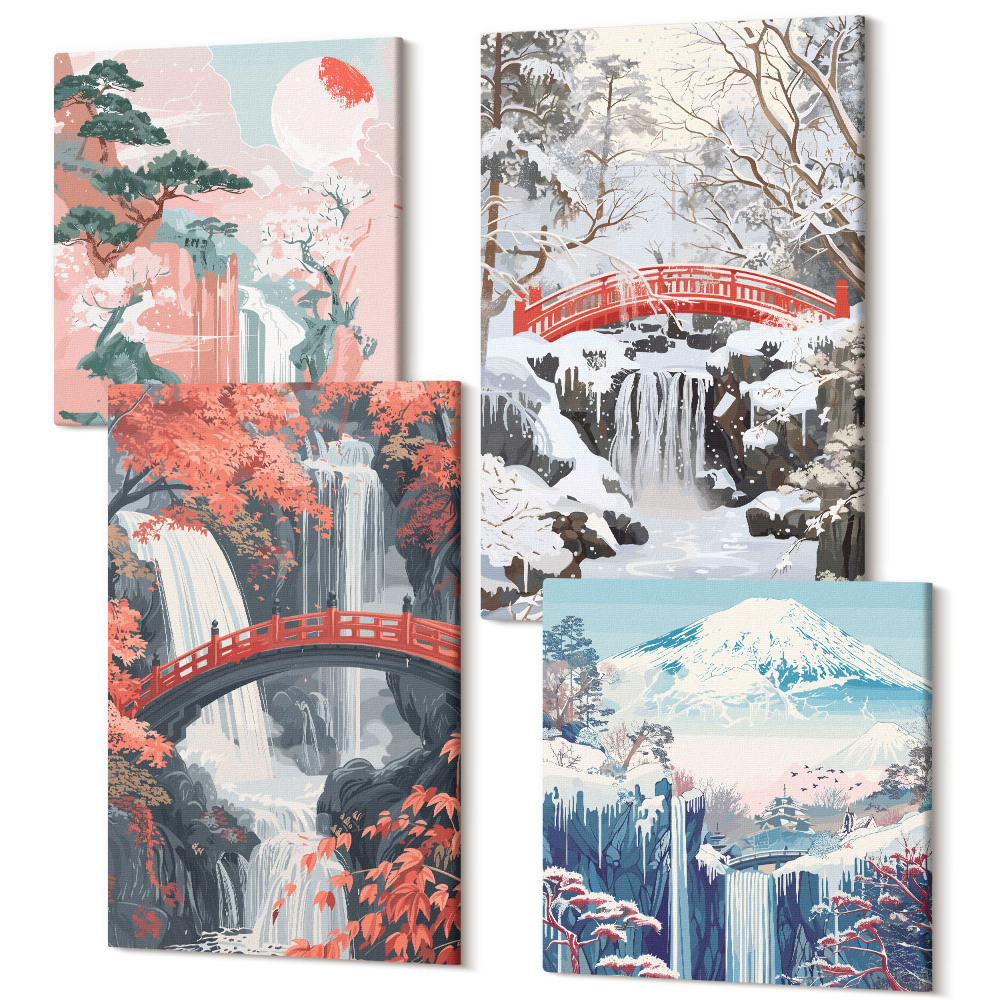 Sada obrazů na zeď kvadryptych Horské krajiny a vodopády v různých ročních obdobích