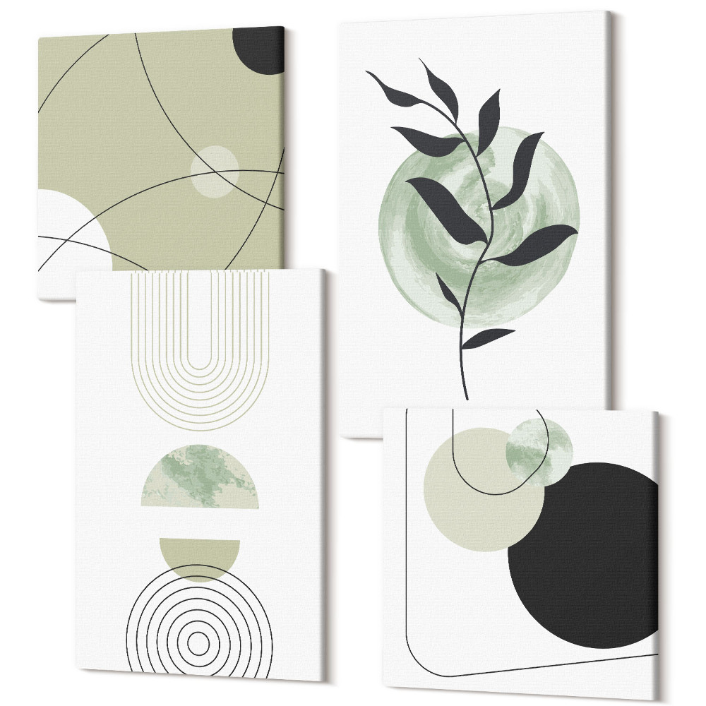 Sada 4 obrazů Abstraktní tvary a rostlinné motivy v zelené barvě