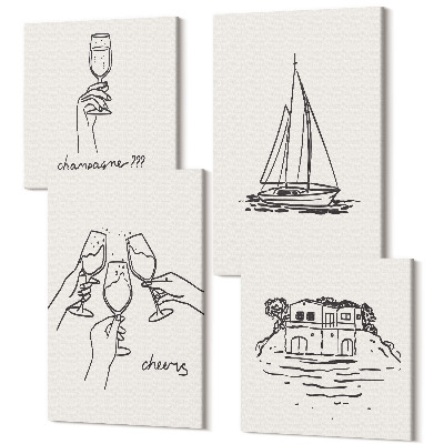 Sada 4 obrazů Výhledy na dům u vody, toast se skleničkami, plachetnice