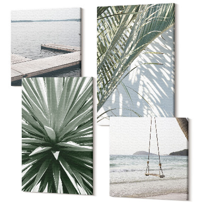Sada 4 obrazů Palmové listy rostlina houpačka a dřevěný most