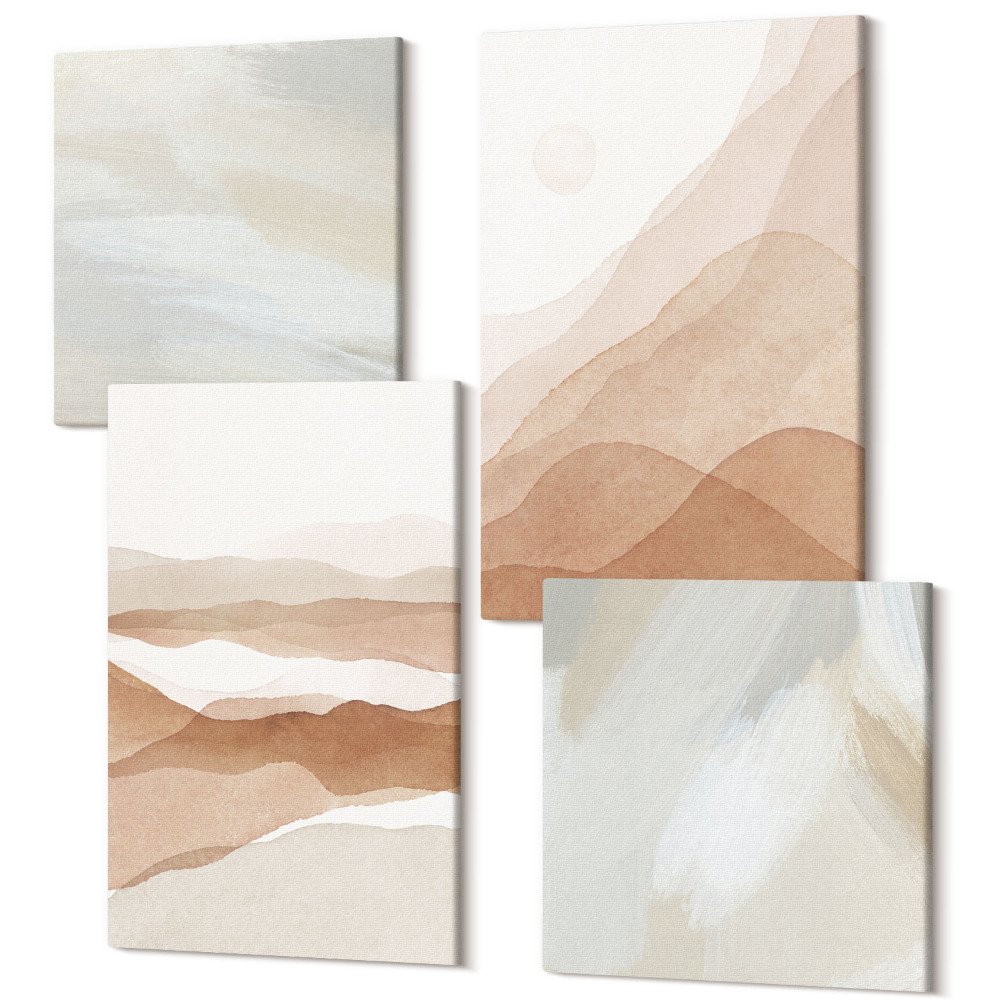 Sada 4 obrazů Abstraktní krajiny v odstínech hnědé a béžové