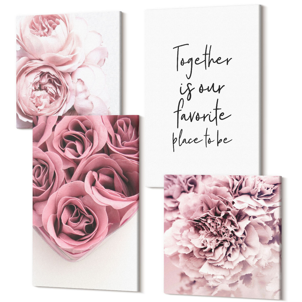 Sada obrazů na zeď kvadryptych Květiny a kytice růží s domácím nápisem