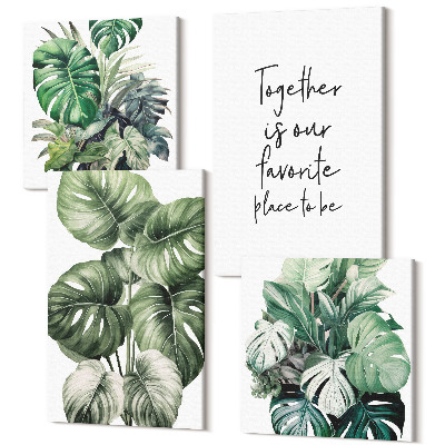 Sada 4 obrazů Zelené listy tropických rostlin s dekorativním nápisem