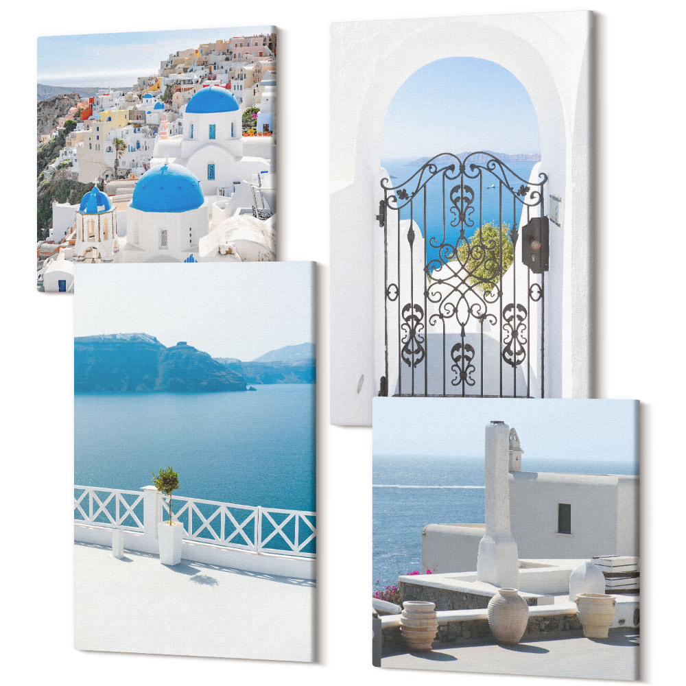 Sada obrazů na zeď kvadryptych Výhled na moře s bílými budovami Řecko