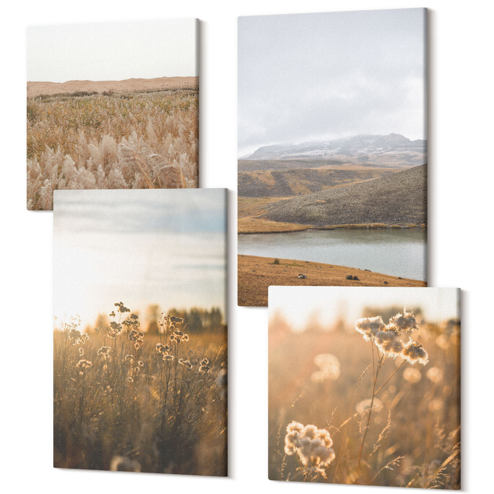 Sada obrazů kvadryptych Krajina s loukami, horami a jezerem v pozadí