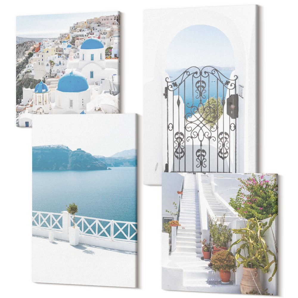 Sada obrazů kvadryptych Bílé schody s rostlinami, výhledem na moře a bránou