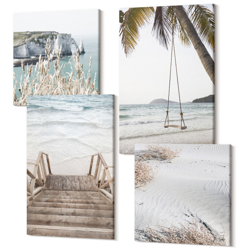 Sada 4 obrazů Pláž s dřevěnými schody a přímořskou houpačkou