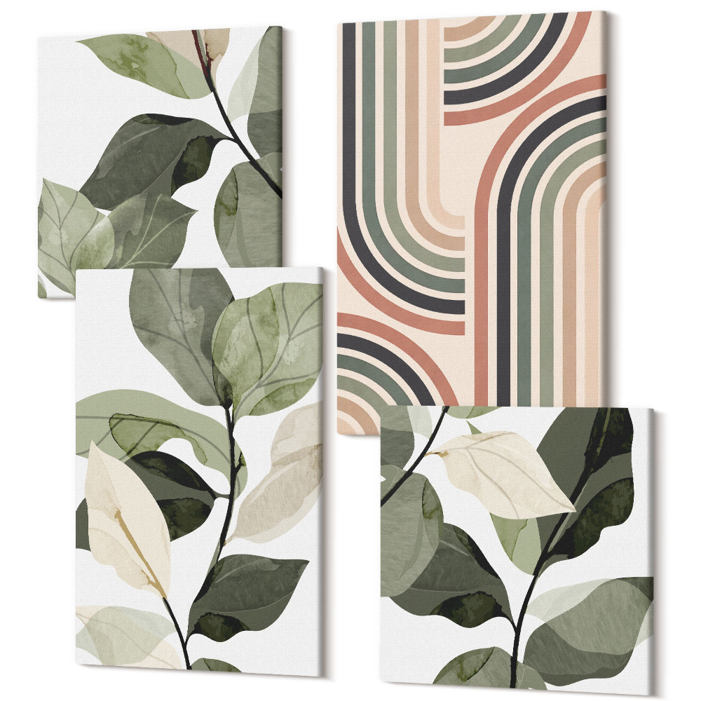 Sada obrazů na zeď kvadryptych Rostlinné motivy s geometrickými vzory v odstínech zelené