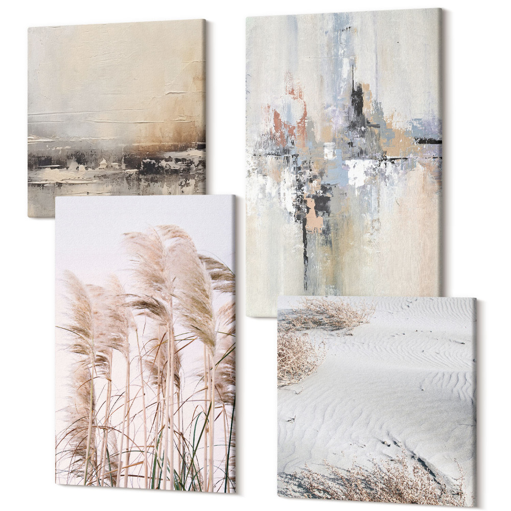 Sada obrazů kvadryptych Přirozená vegetace, abstraktní vzory v tlumených barvách