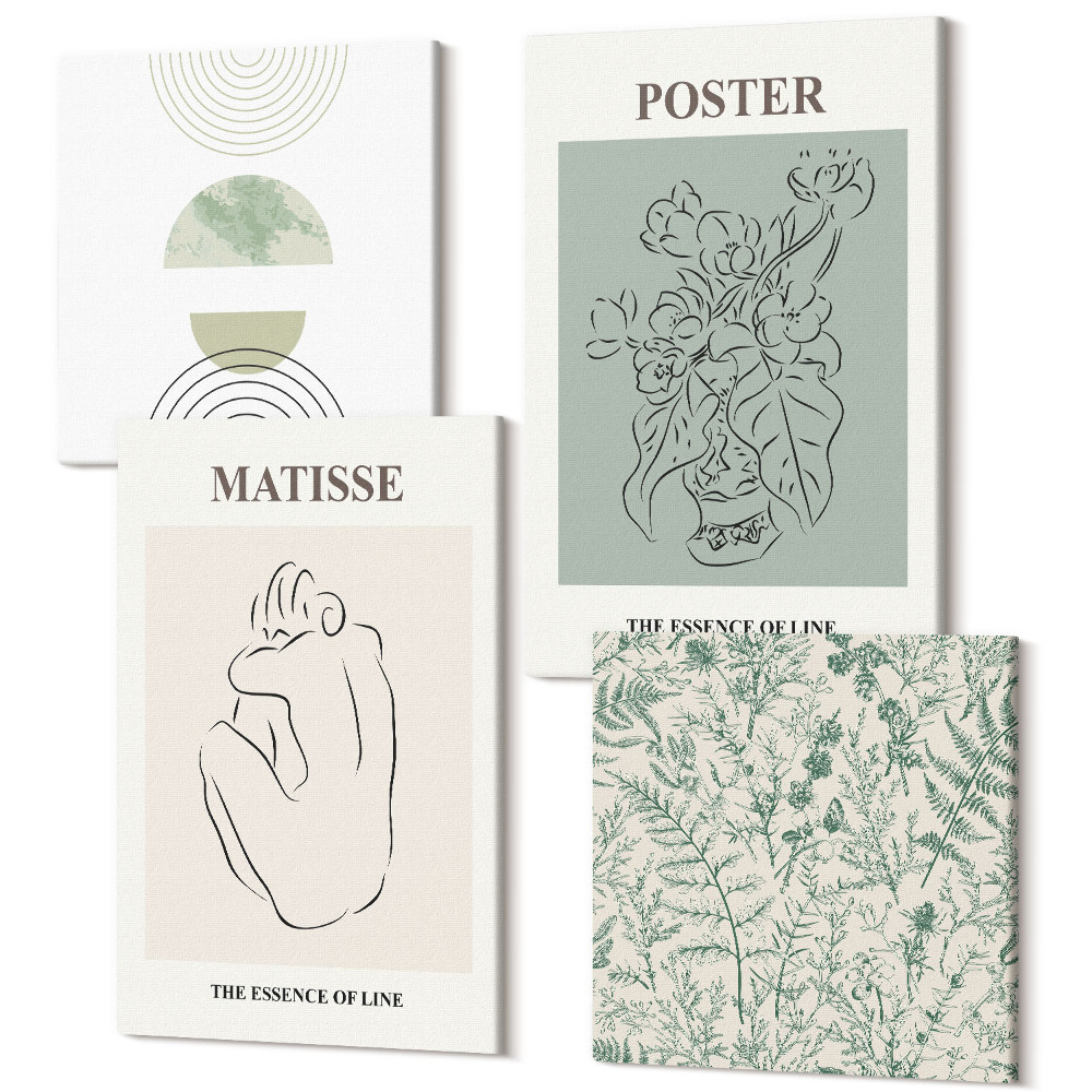 Sada obrazů kvadryptych Linie a rostlinné vzory v minimalistickém stylu