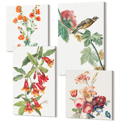 Sada obrazů kvadryptych Malované retro květiny a pták na větvi