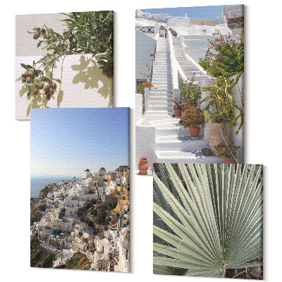 Sada 4 obrazů Bílé schody na Santorini s výhledem na město