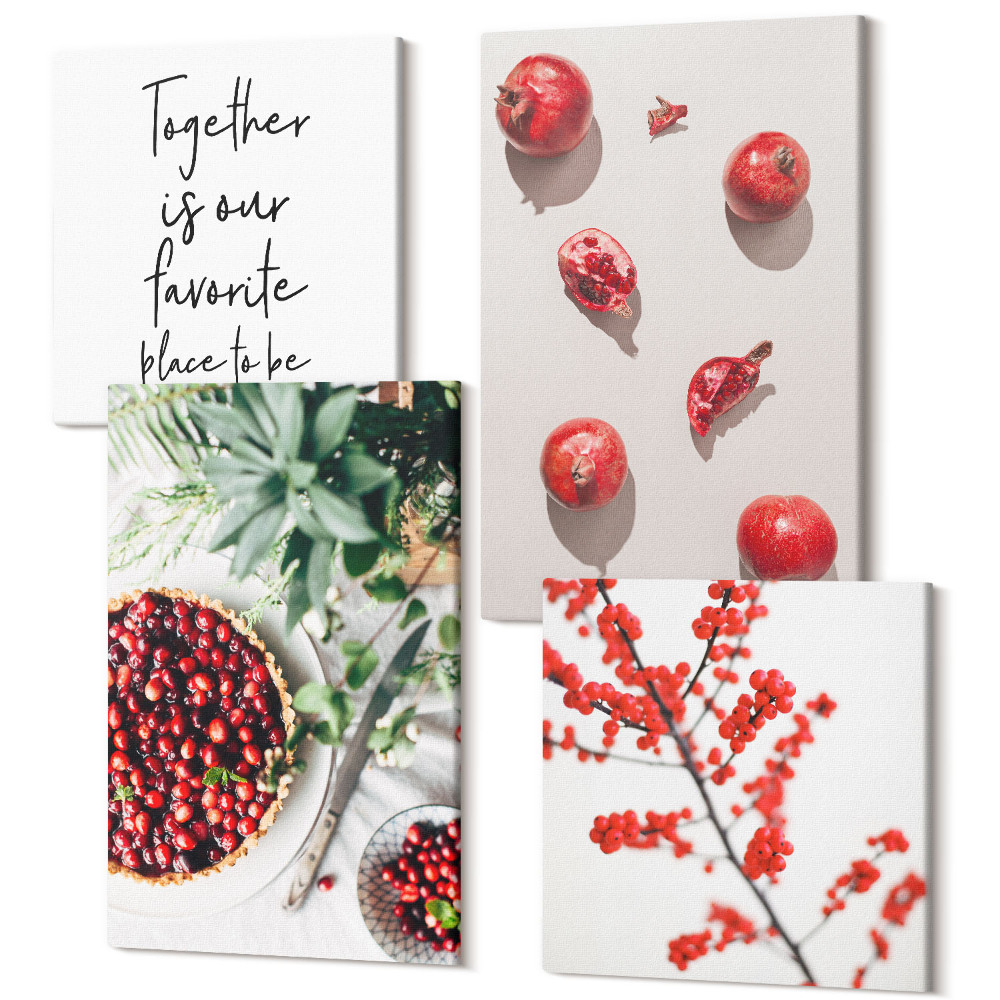 Sada obrazů kvadryptych Červené ovoce a rostliny v minimalistickém stylu