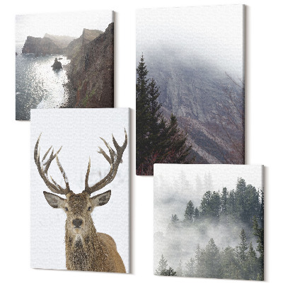 Sada obrazů na zeď kvadryptych Horská krajina s mlhou, vodou a jeleny