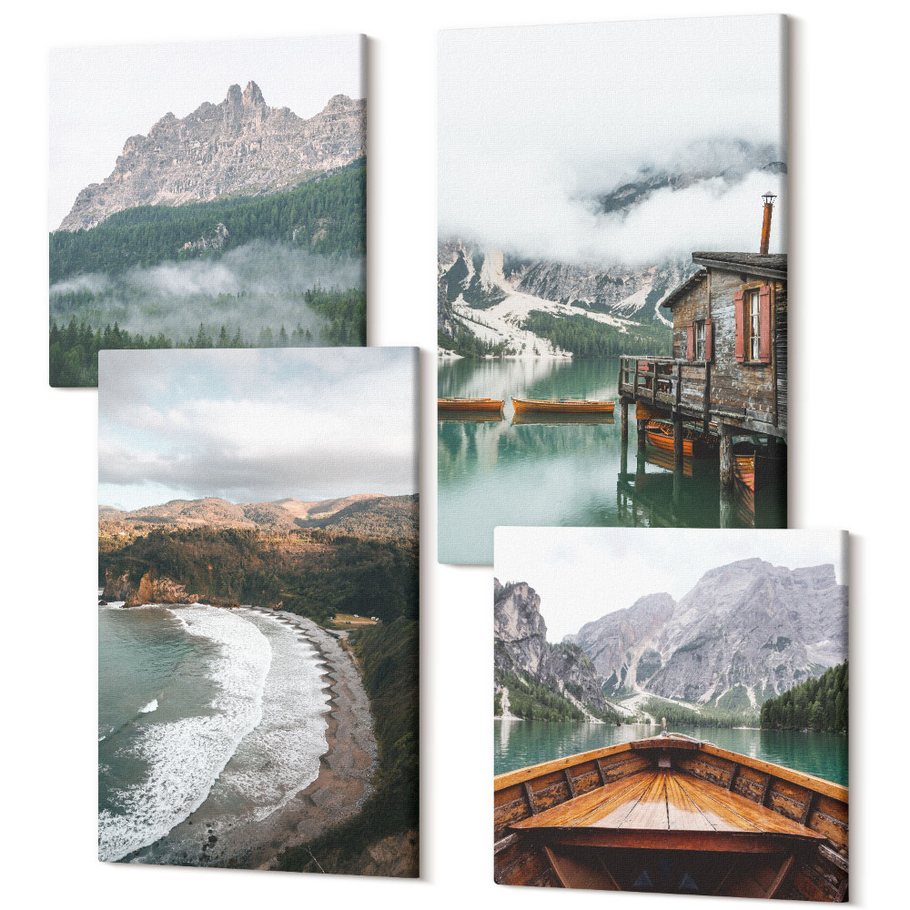 Sada obrazů na zeď kvadryptych Horské krajiny s pláží, dřevěným domem a lodí