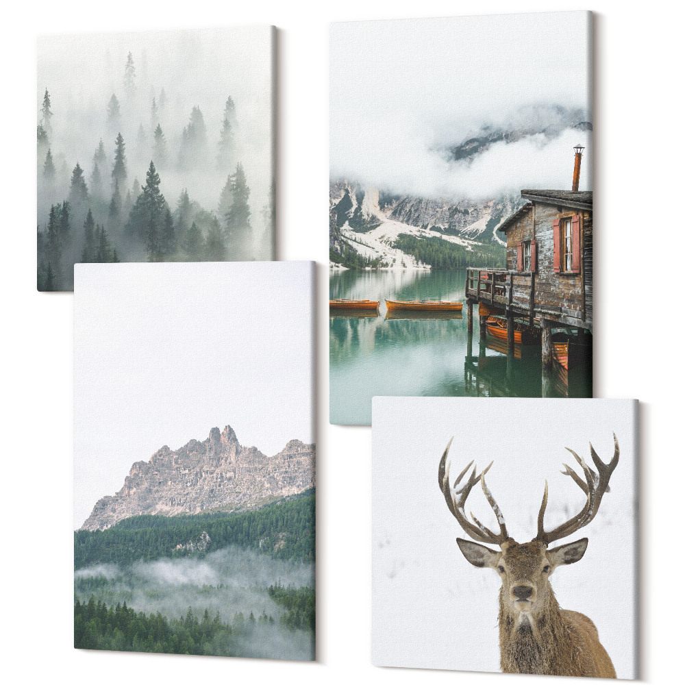 Sada obrazů na zeď kvadryptych Hory, jezero, jelen, chata a mlha v lese