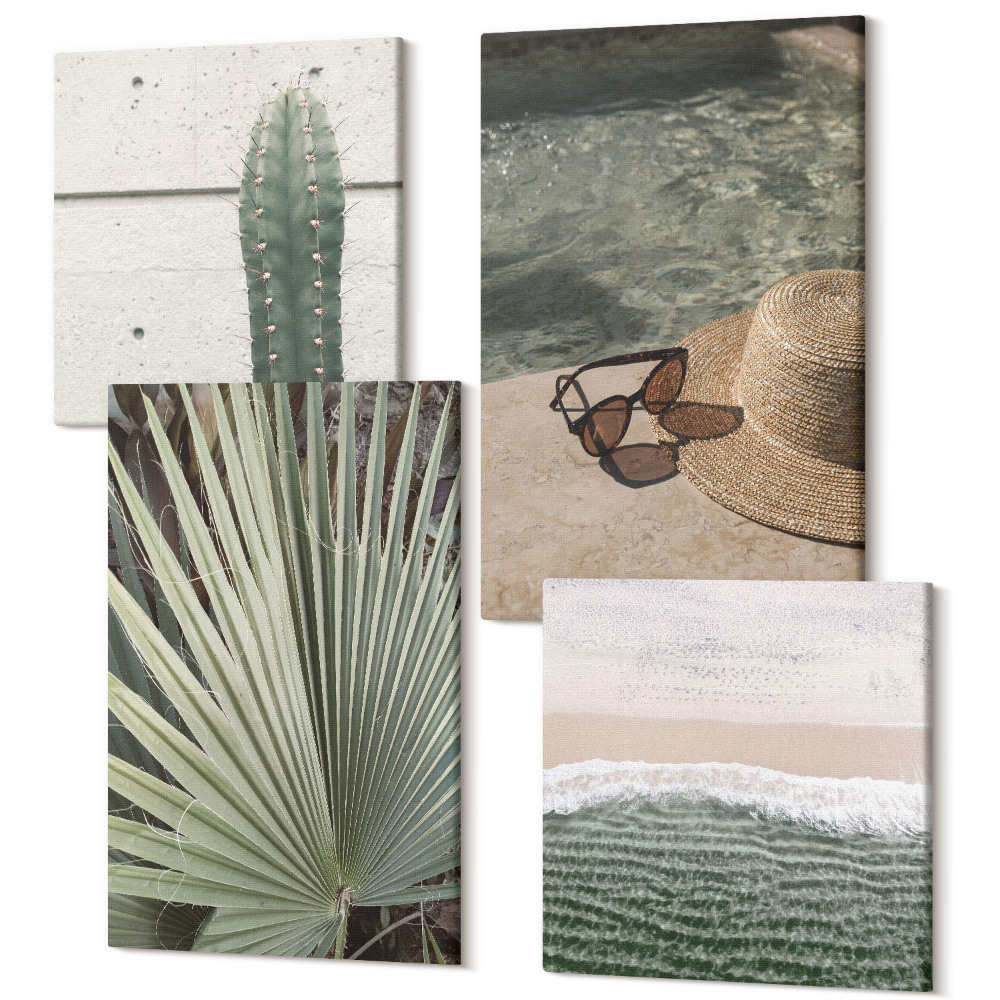 Sada 4 obrazů Tropické rostliny a doplňky pro dovolenou u vody