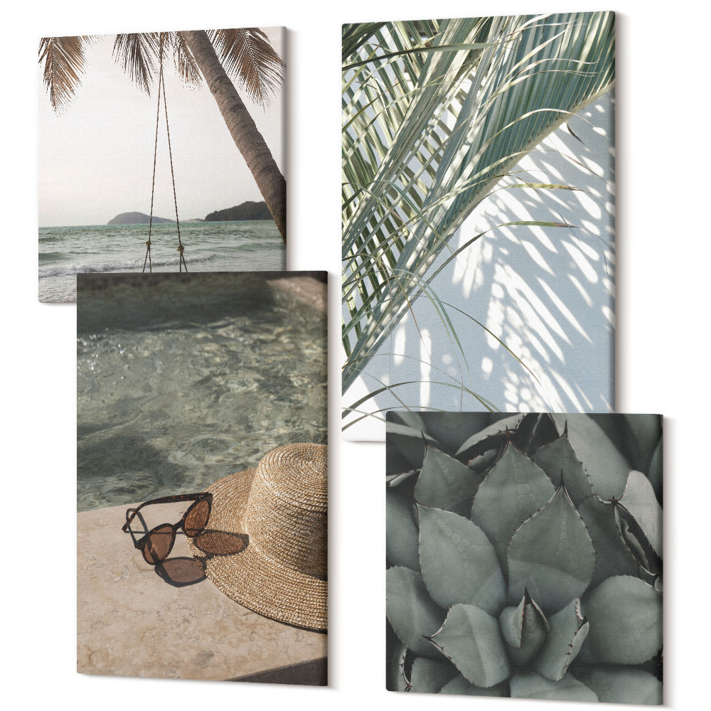 Sada 4 obrazů Tropické rostliny a letní prázdninové akcenty