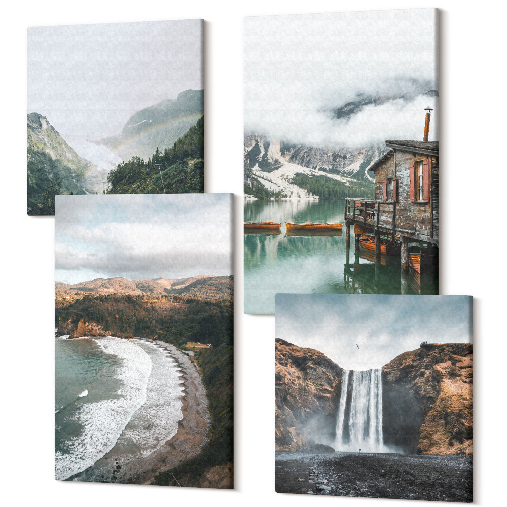 Sada obrazů na zeď kvadryptych Výhled na hory, pláž, mraky a vodu