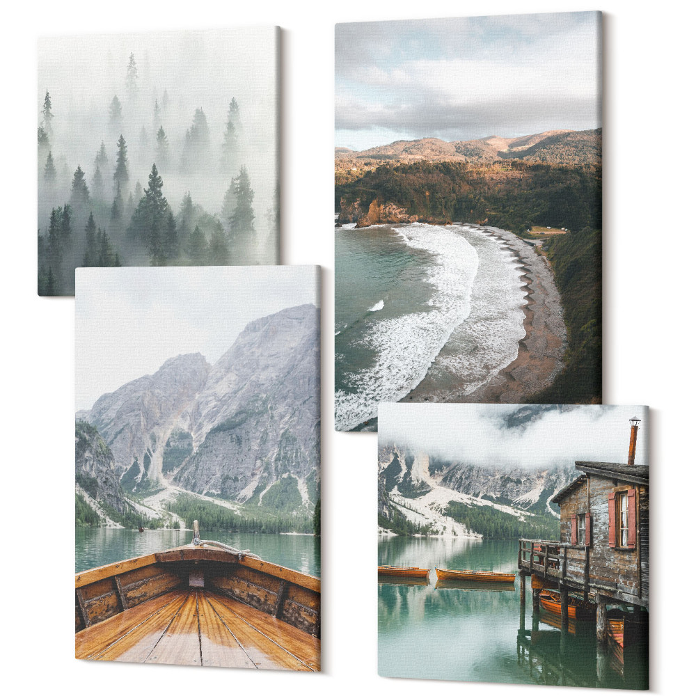 Sada obrazů kvadryptych Pohled na hory na jezeře s lodí, pláž, mlha v lese
