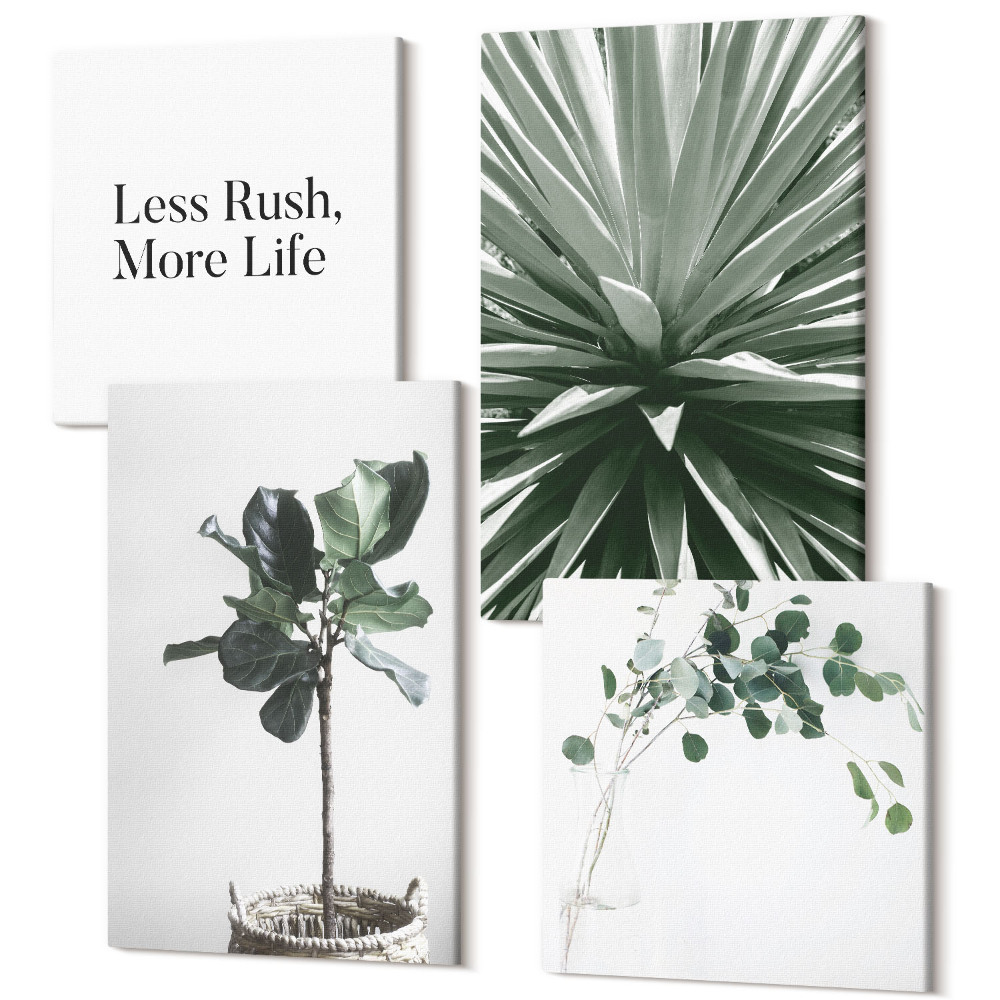 Sada obrazů na zeď kvadryptych Zelené rostliny v minimalistickém stylu písma