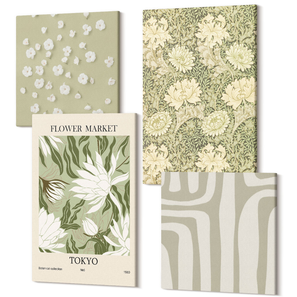 Sada 4 obrazů Boho rostlinné kompozice v pastelových barvách