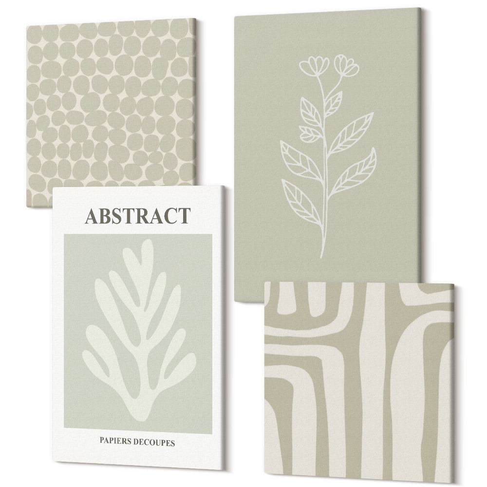 Sada 4 obrazů Rostlinné a geometrické vzory v tlumených barvách