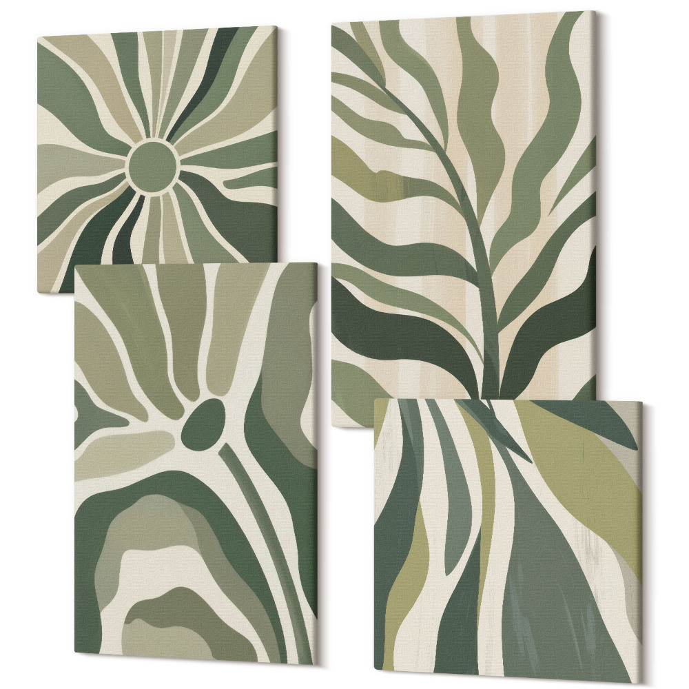 Sada obrazů na zeď kvadryptych Malované ilustrace listů v odstínech zelené