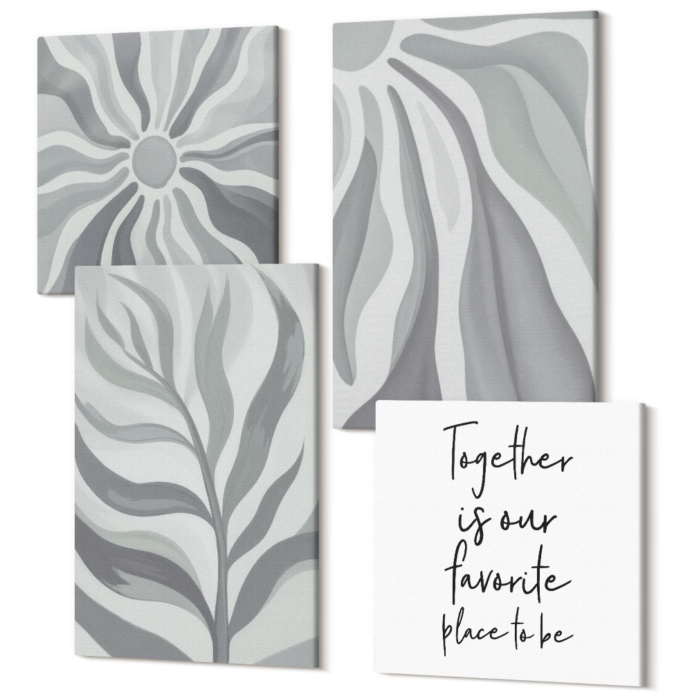 Sada obrazů na zeď kvadryptych Květinové vzory, pastelové ilustrace a nápisy