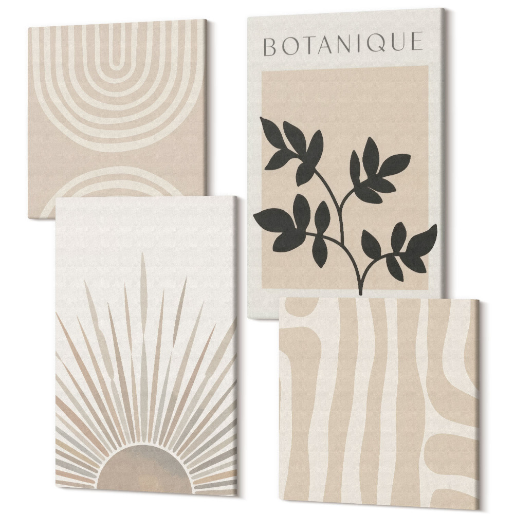 Sada obrazů na zeď kvadryptych Abstraktní vzory s květinovými akcenty v neutrálních tónech