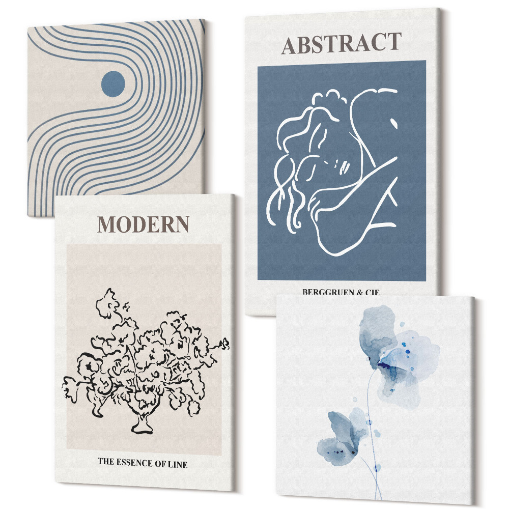 Sada obrazů na zeď kvadryptych Květiny linie a abstraktní tvary plakáty