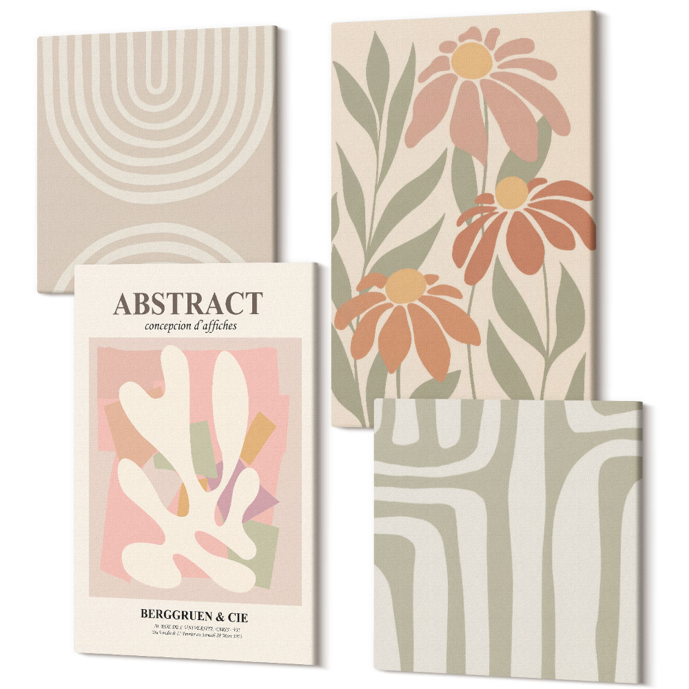 Sada 4 obrazů Abstraktní tvary s rostlinnými motivy v pastelech