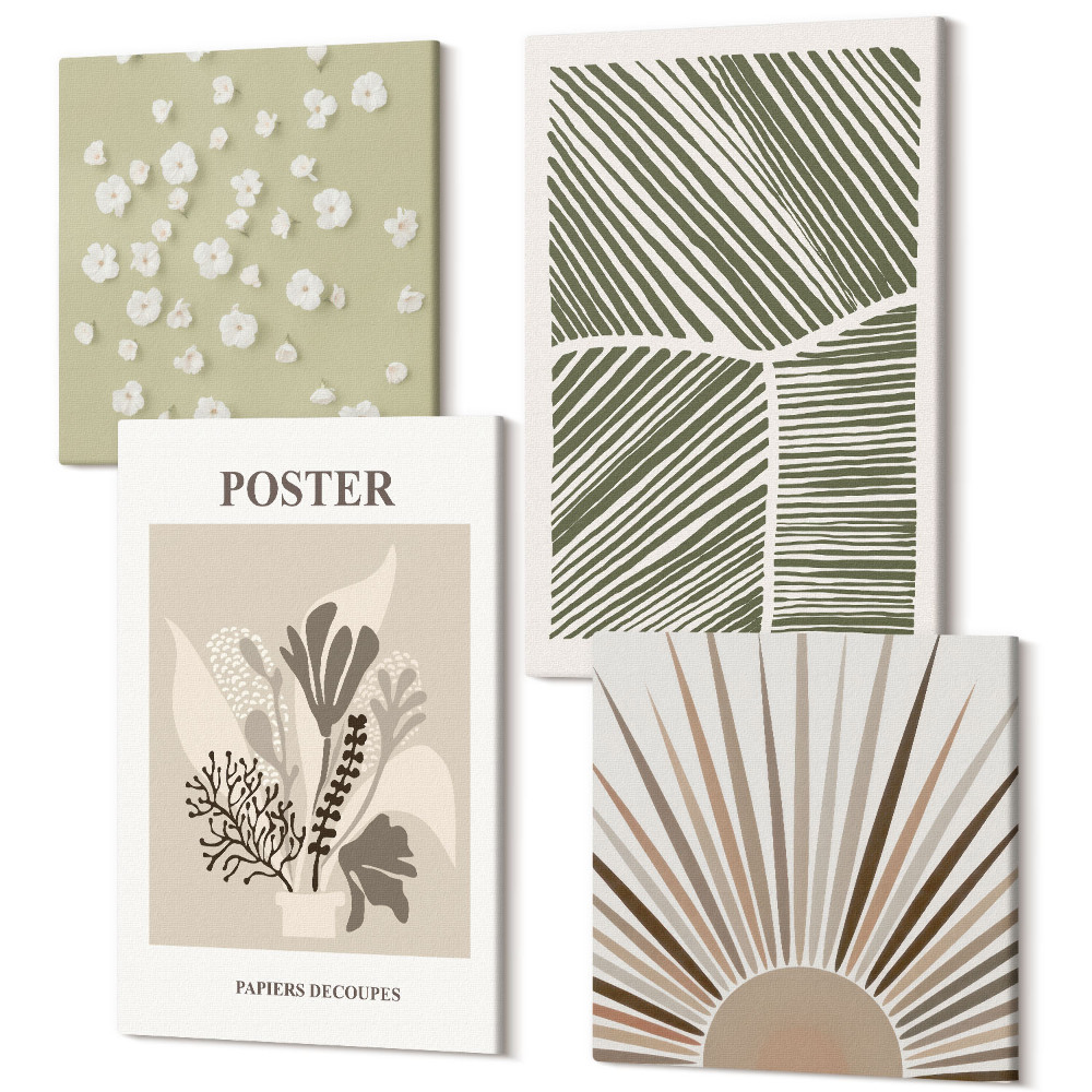 Sada 4 obrazů Rostlinné motivy v tlumených barvách a vzorech