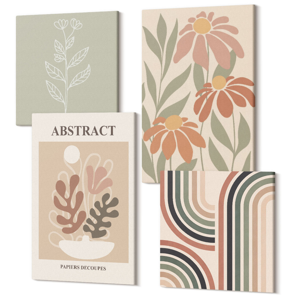 Sada obrazů na zeď kvadryptych Abstraktní rostliny a vzory v pastelových barvách