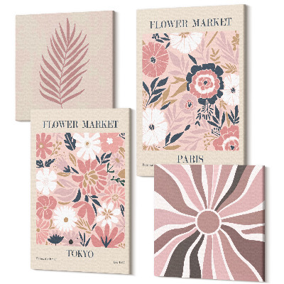 Sada obrazů kvadryptych Květinové vzory s listy a geometrickými tvary