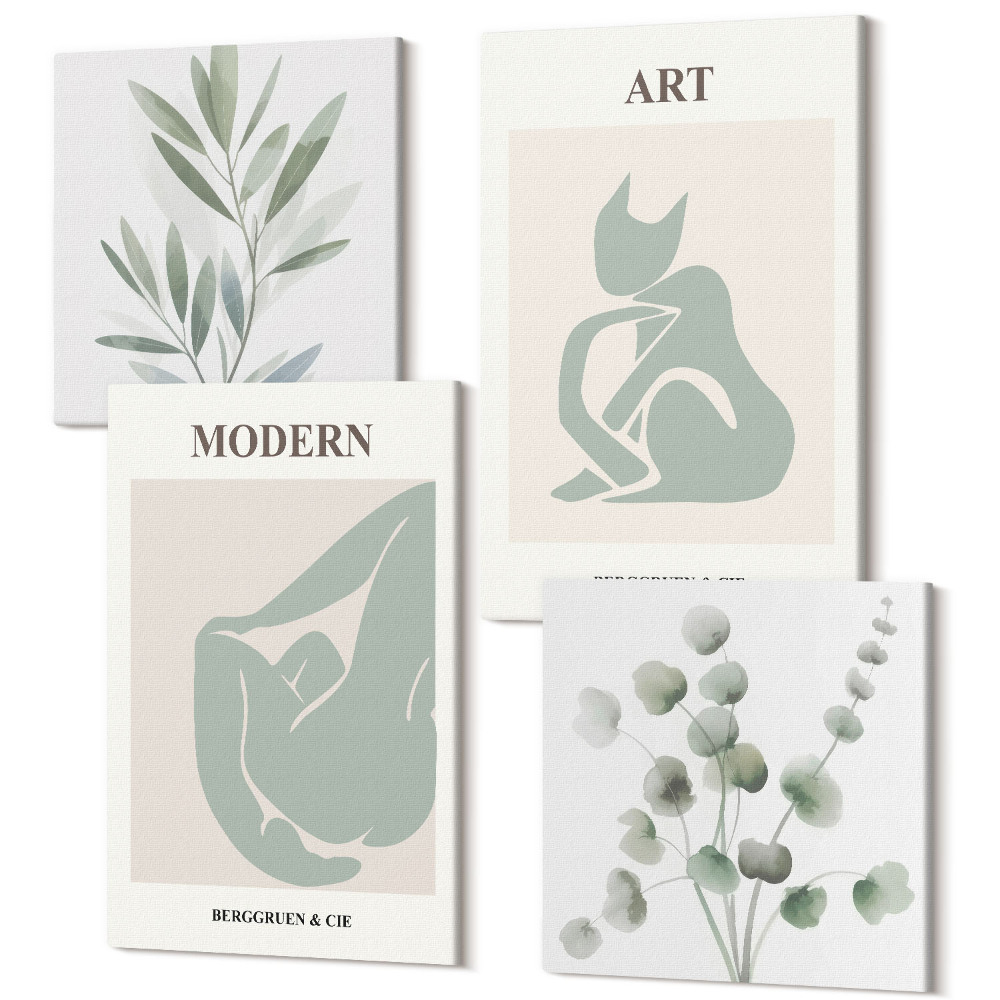 Sada 4 obrazů Rostlinné motivy v jemných odstínech zelené