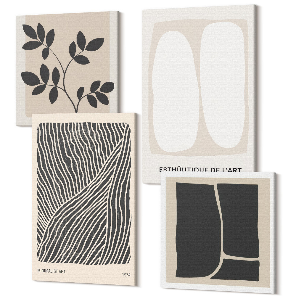 Sada obrazů na zeď kvadryptych Květinové vzory a minimalistické linie v neutrálních barvách