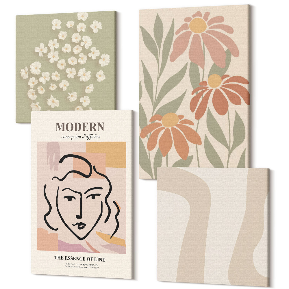 Sada obrazů kvadryptych Žena v moderním stylu s abstraktními vzory