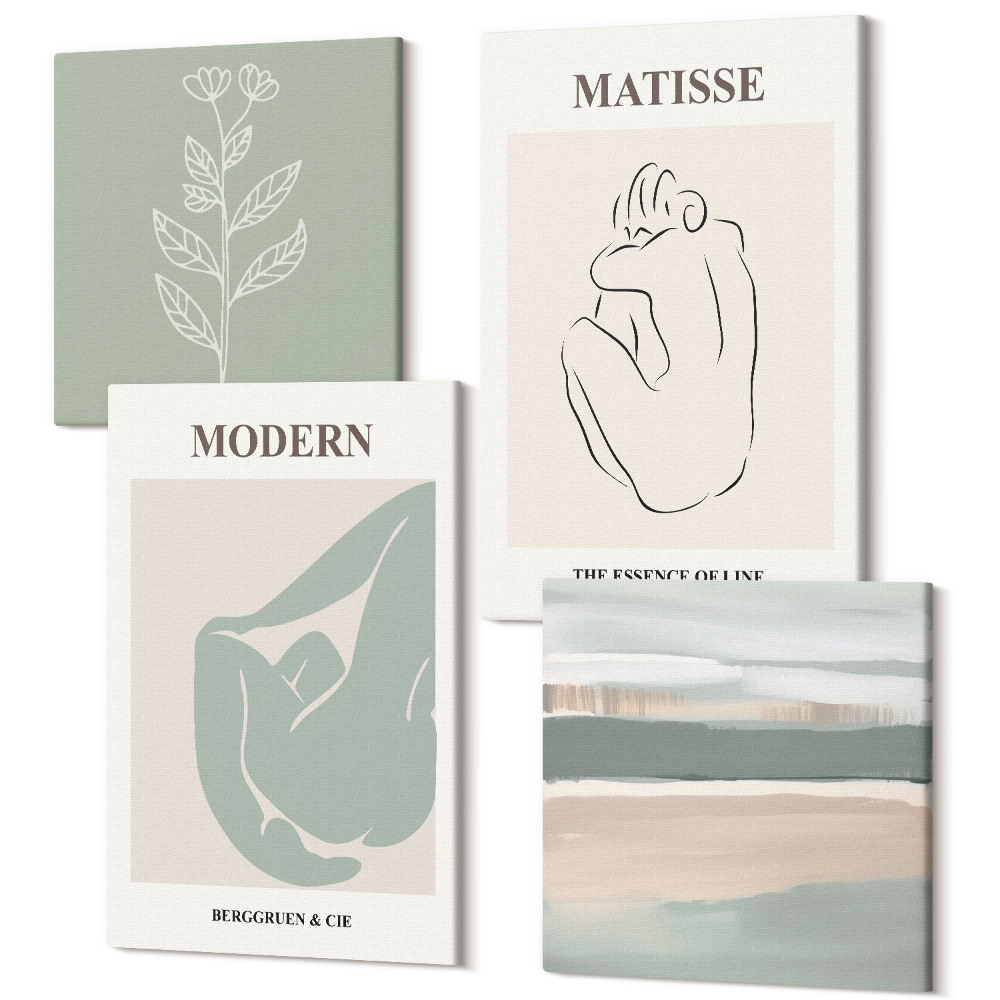 Sada obrazů na zeď kvadryptych Abstraktní tvary v pastelových odstínech s rostlinami