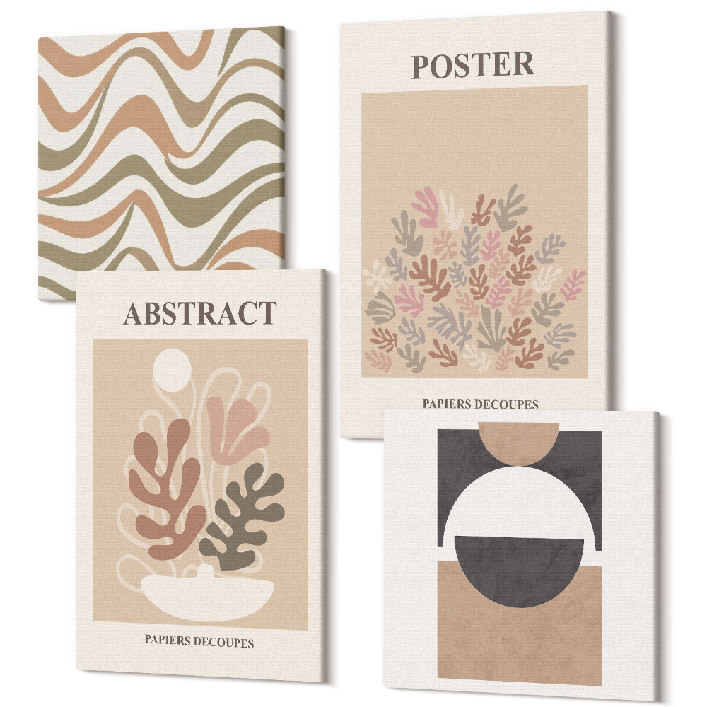 Sada obrazů kvadryptych Abstraktní tvary a vzory v tlumených barvách