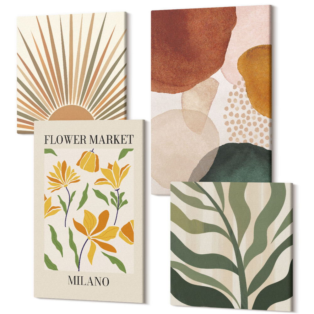 Sada obrazů na zeď kvadryptych Květinové motivy s abstraktními tvary a listy