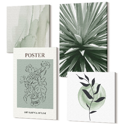 Sada 4 obrazů Rostlinné vzory v odstínech zelené a béžové