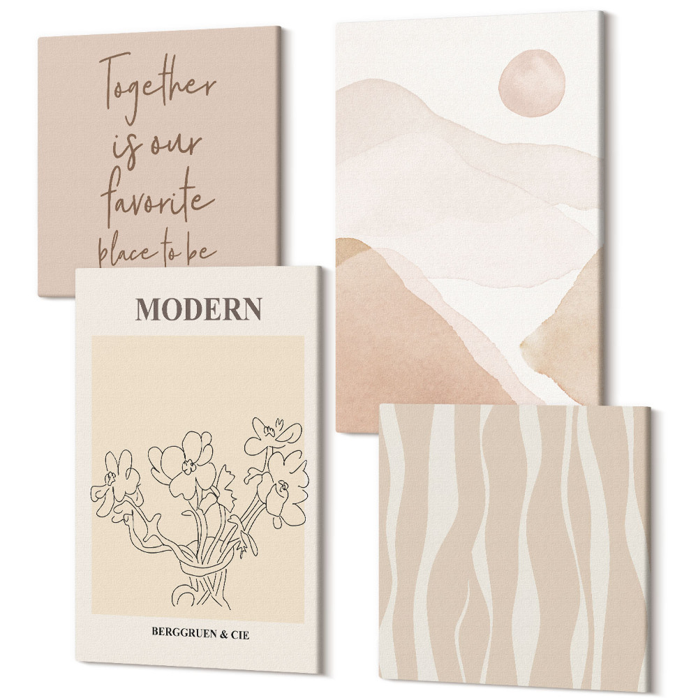 Sada obrazů na zeď kvadryptych Abstraktní tvary v tlumených barvách